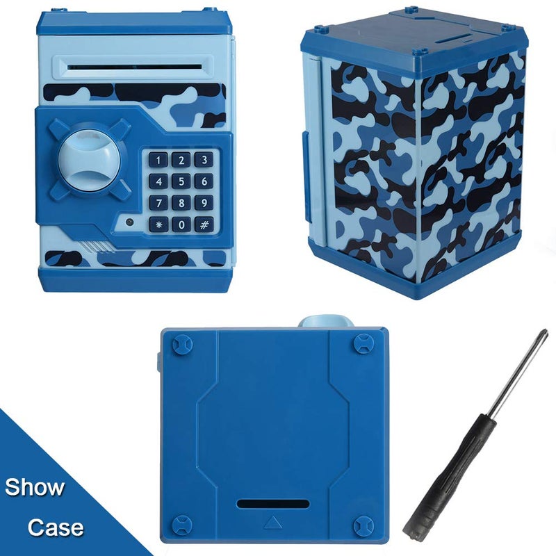 Qwifyu Piggy Bank for Boys Girls, 4 5 6 7 8 9 10 Year Old Girl Boy Birthday Gift Ideas, Electronic Password Money Saving Box ATM, Great Gift Safe Bank Toys for Kids (Camouflage Blue) - Image 4